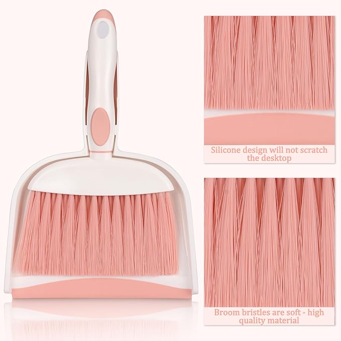 Broom with Dustpan Combo Set Pink Mini Hand Broom and Dustpan Set for Home Desktop Sofa Pet Household Care Camping (White+Pink M3)