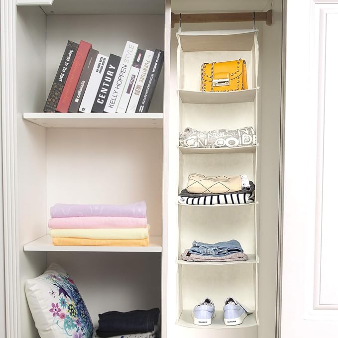BrilliantJo 5 Shelves Hanging Closet Organizer, 2 Pack Hanging Storage with 6 Side Pockets for Clothes Shoes, 43"x12"x12"(Beige)