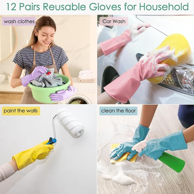 12 Pairs Rubber Cleaning Gloves for Dishwashing Reusable Kitchen Gloves for Washing Dishes and Household