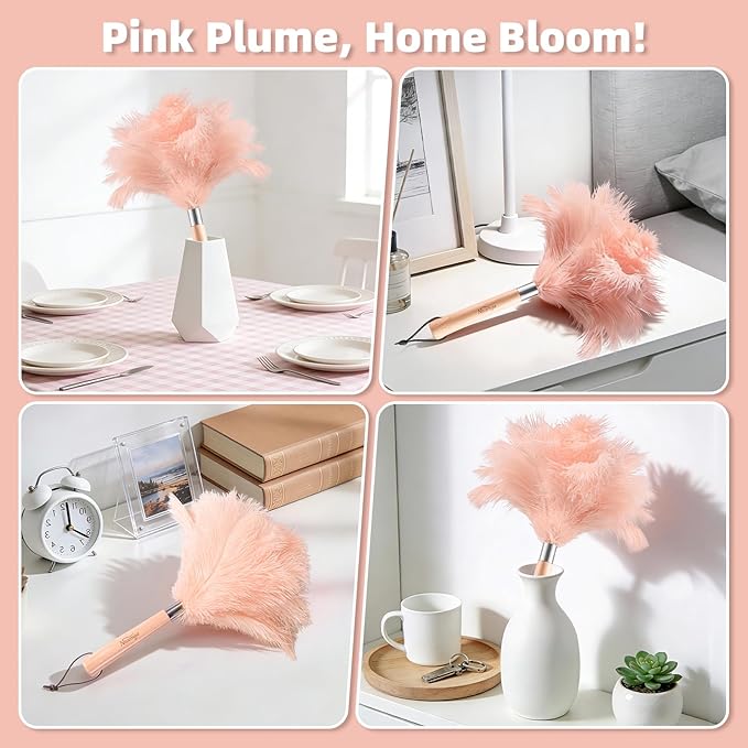 Pink Ostrich Feather Duster with Wooden Handle, 13.5 inch Natural Fluffy Cleaning Tool for Dusting Home, Car, Delicate Surfaces, Reusable Decorative Duster for Ledges, Blinds & Delicate Home Decor