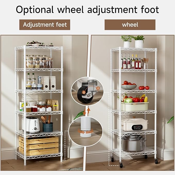 Golpart Small 6 Tier Shelf Storage Wire Shelving Unit Metal Shelves Adjustable Organizers Storage Shelving with Wheels for Bathroom Laundry Room Kitchen Pantry12”D x 18”W x 61.6”H White