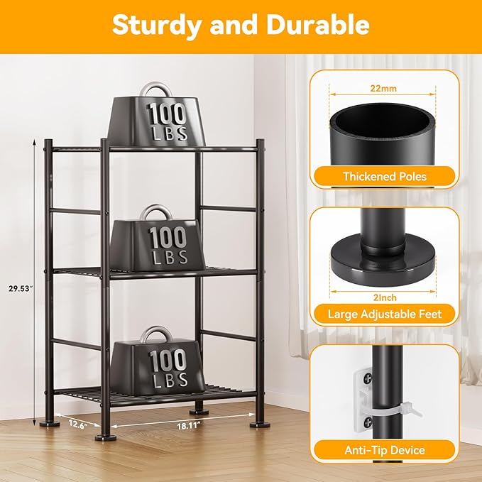 BolDuck 3 Tier Shelf Organizer Rack, Metal Shelving Unit with Adjustable Leveling Feet, Space-Saving Storage Shelves for Closet Laundry Bathroom Kitchen Pantry, 18.11" Wx12.6 Dx29.53 H, Black