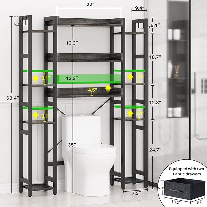 Besiost Over The Toilet Storage with 2 Drawers - 11 Tier Bathroom Organizer Freestanding Space Saver Storage Rack with Adjustable Shelf Above Toilet Stand with 4 Hooks for Restroom, Laundry, Grey Oak