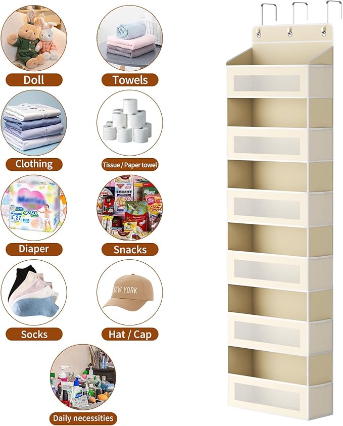 Over The Door Organizer with 6 Large Pockets, Over the Door Storage 12 Side Pockets, Hanging Door Organzier 44 lb Load Behind Door Storage Hanging Shelf for Closet Wall Bathroom Nursery, 6-Tier Beige