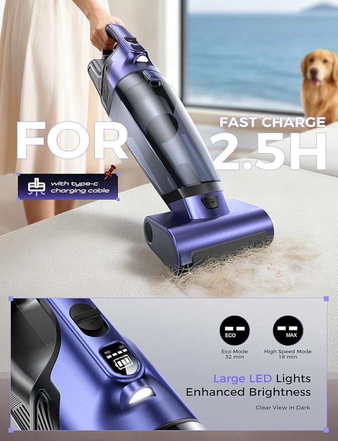 MAGIC JOHN Pet Hair Handheld Vacuum Cordless, 20000PA High Power Car Vacuum with Motorized Brush and LED Light, Rechargeable Hand Held Vacuum Cleaner with Reusable Filter for Car, Home, Office & Pet