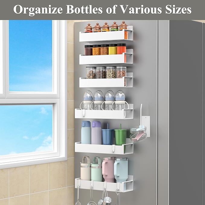 Magnetic Water Bottle Holder for Refrigerator, Cup Holder Organizer for Stanley and Tumbler for Kitchen, 6 Pack, White