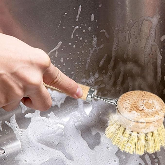 Bamboo Dish Brush with Handle - Soft Bristle, Eco-Friendly Vegetable Brush Scrubber for Food, Compostable & Sustainable, Bamboo Scrub Brush for Dishes, Pots and Pans