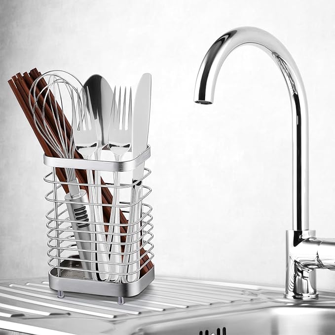 Utensil Holder, Stainless Steel Utensil Drying Rack for Kitchen Counter, Silverware Cutlery Flatware Holder Forks, Knives, Spoons, Chopsticks Organizer (Silver)
