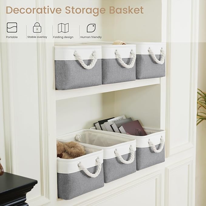 Storage Baskets for Shelves 13.8x9.8x6.7 Inch-Foldable Fabric Organizing Storage Bins with Handles, Closet & Bathroom Organizer, Home Storage for Kitchen, Office (1-Pack, White&Gray)