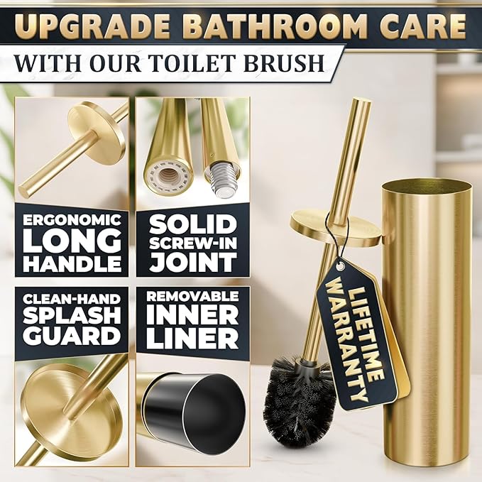 Gold Toilet Brush and Holder Set - Brushed Stainless Steel Gold Toilet Bowl Brush and Holder with Replacable Head, Removable Inner Bowl, and Splash Protection - Dense Bristles for Through Cleaning