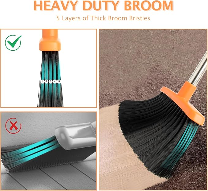 2-Pack Broom and Dustpan Set with Long Handle, Heavy Dust Broom and Dustpan Combo for Home，Kitchen, Office, Pet Hair(Gray Orange)