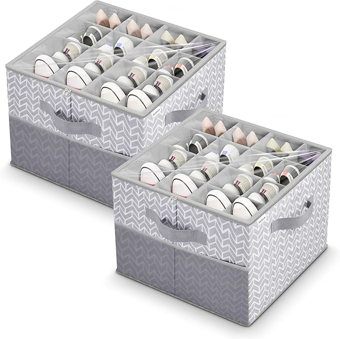ALCOVA Shoe Organizer for Closet, 2 Pack Shoe Storage Box with Clear Cover, Foldable Shoe Storage Box, Fits up to 16-32 Pairs, Gray