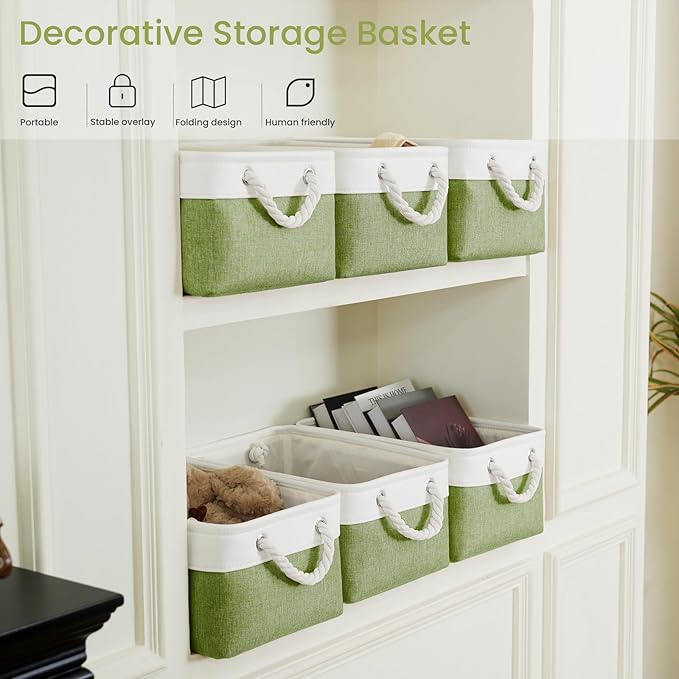 Storage Baskets for Shelves 13.8x9.8x6.7 Inch-Foldable Fabric Organizing Storage Bins with Handles, Closet & Bathroom Organizer, Home Storage for Kitchen, Office (6-Pack, White&Green )