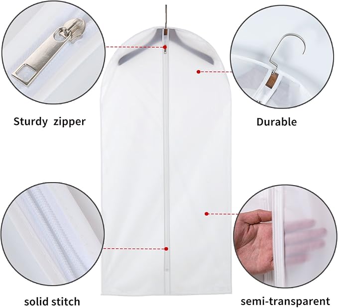 MsKitchen 12 Pack Garment Bags for Hanging Clothes (24x48") - Dustproof Suit Bags - Durable PEVA Dress Covers with Sturdy Zipper for Coats, Jackets, Pants & Uniforms (Translucent)