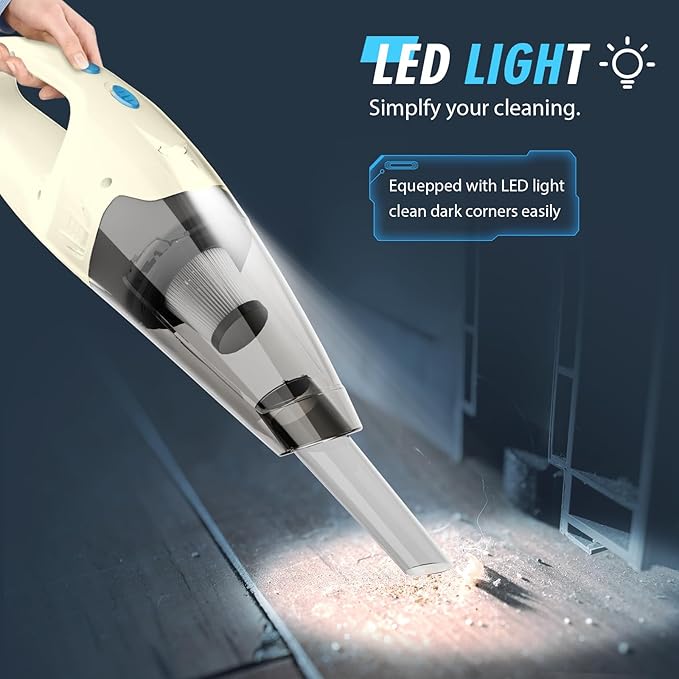 FUOAYOC Handheld Vacuum Cordless,Car Cordless Rechargeable, 6KPA Powerful Suction Hand Held Vacuum with LED Light/Multi Accessories, 1.6lbs Mini Portable Vacuum Cleaner for Home/Car/Office Cleaning