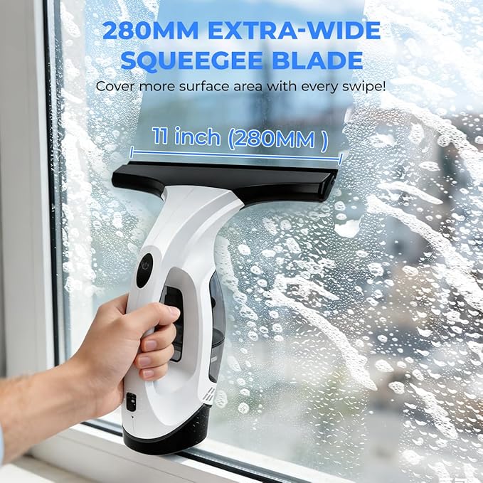 Plubedo Window Vacuum Squeegee Cordless Electric Window Cleaner Tool 11 inches Window Cleaning Kit Shower Squeegee for Shower Doors, Mirrors, Car Windshields and Tiles