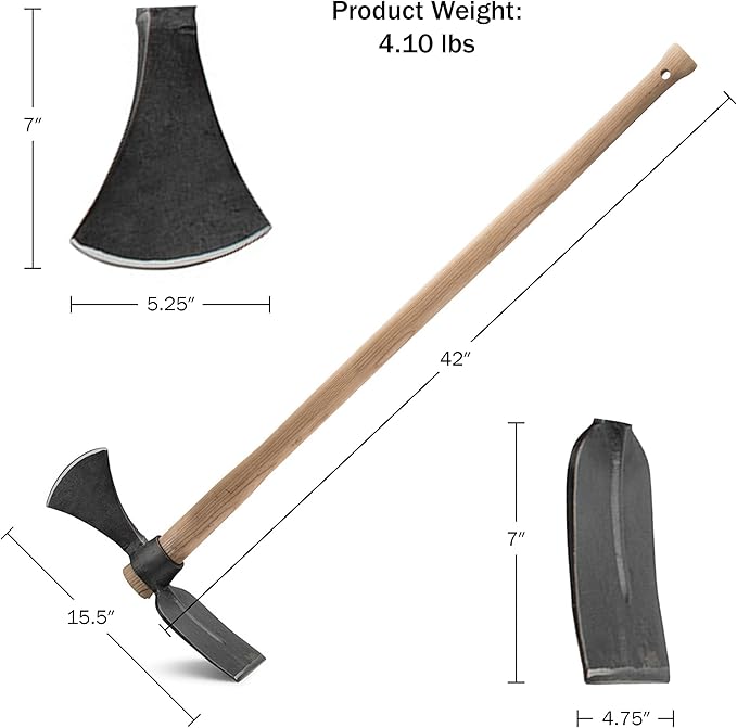 Cutter Mattock Digging Tool - 42” Garden Hoe and Hand Pick Axe Splitting Hatchet with Steel Blades and Wood Handle -Pickaxe for Digging Tools for Hard Ground, Weeding, Planting by Kings County Tools