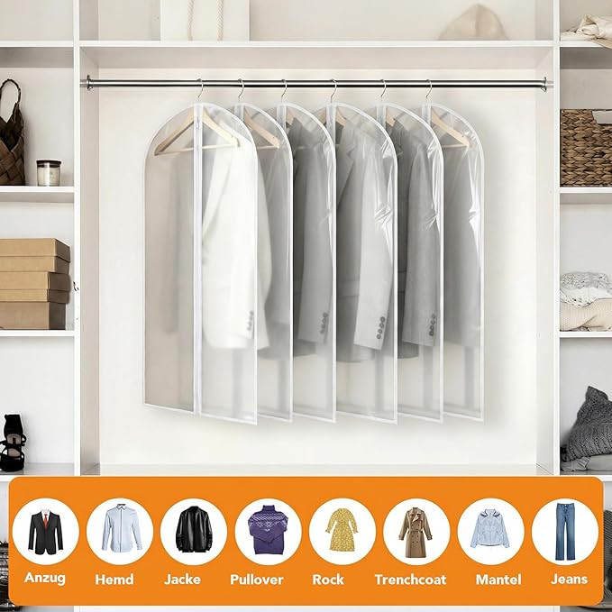 Dntorx 6 Pack Garment Bags 60 * 100cm, 40in PEVA Translucent Garment Covers, Suit Storage Bags, Dress Organizer Bags Used To Protect Shirts, Winter Coats, Jackets（White Edge）
