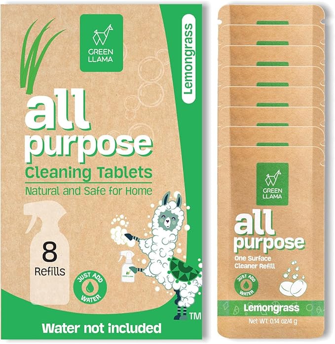 Green Llama Eco-Friendly and Sustainable All-Purpose Refill Tablets | 8-Pack | Lemon Grass Scent | Natural Cleaning Solution for Home with Certified Compostable Packaging