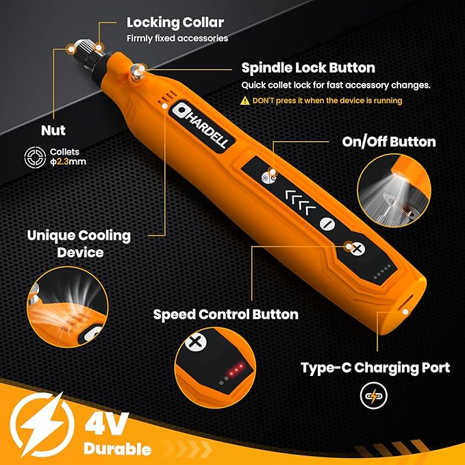 HARDELL Rotary Tool, 5 Speed Rechargeable Engraving Pen - Electric Cordless Engraver Pen for 60+ Surfaces - Beginner Friendly with 37 Accessories, Ultimate Engraving Pen Kit for Artists & DIYers