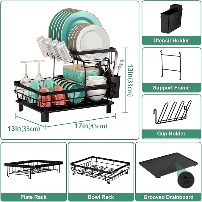 MOUKABAL Dish Drying Rack, Dish Rack, Stainless Steel Dish Racks for Kitchen Counter, Dish Drainer with Removable Utensil Holder, Drainboard (Black,2 Tier,13''W x 17''L)