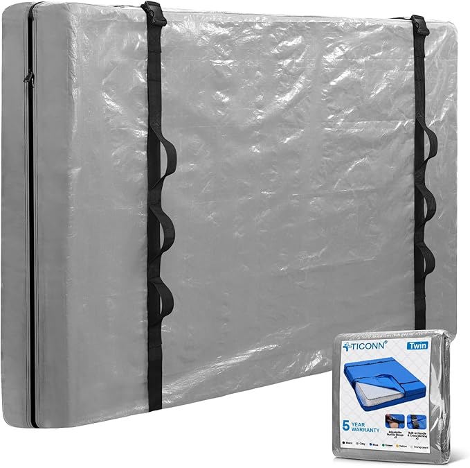 TICONN Mattress Bags for Moving, Heavy Duty Twin Mattress Cover Storage Bag with Full-Around Handle and Adjustable Buckles (Gray, Twin)