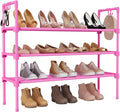 LANTEFUL 3 Tier Shoe Rack for Closet, Shoe Organizer with 5 Hooks, Long Shoe Shelf Storage for Shoe and Boot Stackable Free Standing Shoe Rack for Entryway, Garage, Small Spaces, Dorm, Pink