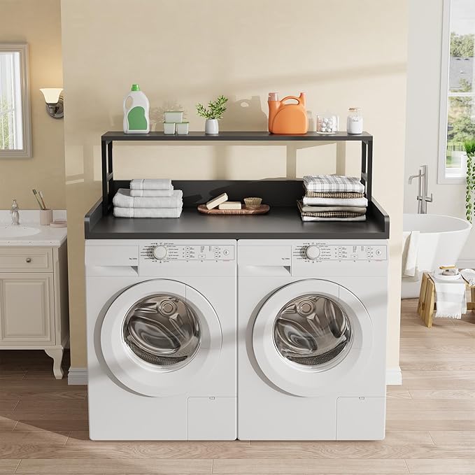 Washer Dryer Countertop with Shelf, 27.5″D x 54″W x 16.7″H, Countertop for Washer and Dryer Top with Non-Slip Pads and Edge Rails, Laundry Room Storage and Organization(Black)