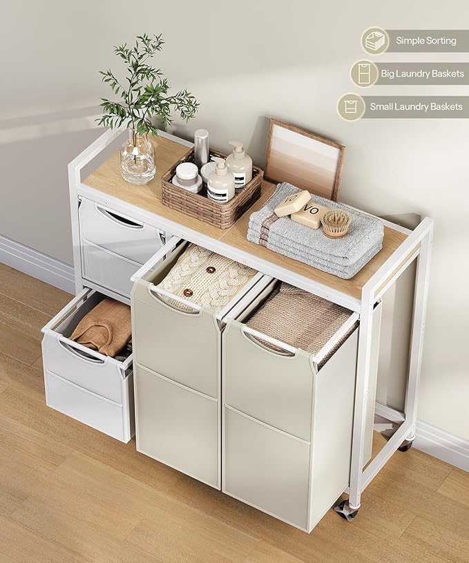 HOOBRO Laundry Sorter with 4 Section, 34 Gal. (127 L) Laundry Hamper with Wheels, Rolling Laundry Basket with Shelves, Pull-Out Detachable Bags, Side Pockets, White, Natural and Beige WNE14XY01N1