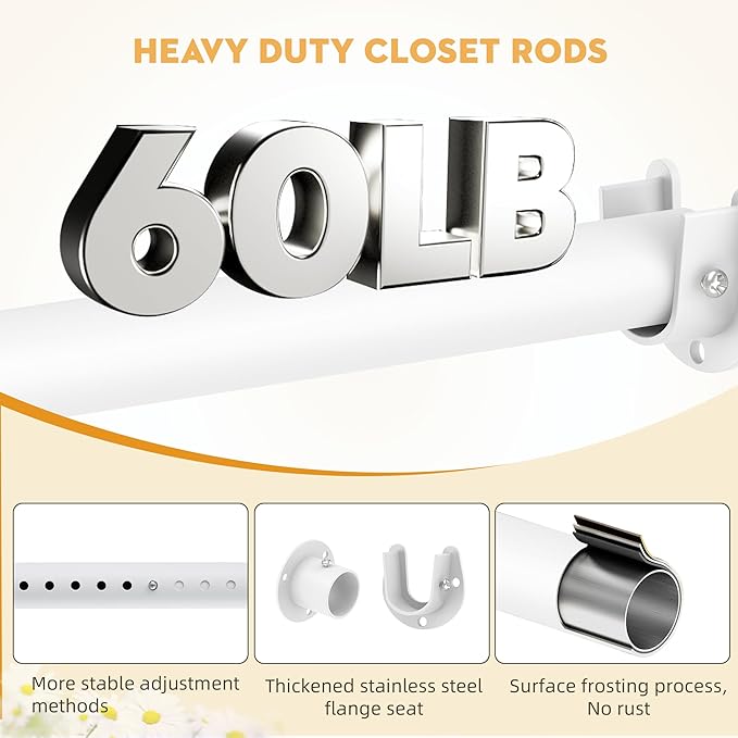 1.3 Inch Diameter Closet Rods for Hanging Clothes, Metal Heavy Duty Closet Rod 17-64 Inch Adjustable, White Closet Bar for Hanging Clothes, Suitable for Closet, Wardrobes, Bathroom, Windows