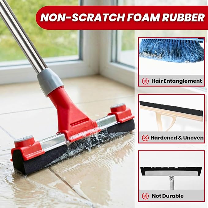 Heavy Duty Floor Squeegee for Concrete Floor – 17.3'' EVA Foam Blade with Built-in Towel Clip, 62'' Extendable Handle, Uneven Surface Floor Squeegee Broom for Garage, Window, Pool, Tile, Patio &Shower