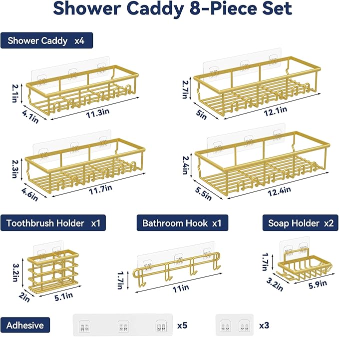 8 Pack Adhesive Rustproof Shower Caddy with Soap Dishes, Toothbrush Holder & Hooks, Large Capacity No-Drilling Shower Shelves Rack for Bathroom Organizers and Storage Accessories, Gold