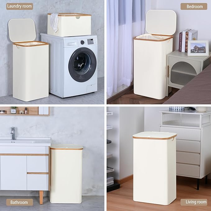 iEGrow Laundry Basket with Lid, 110L Large Laundry Hamper with Handle and Lid, Collapsible Clothes Basket Organizer with Removable Inner Bag for Clothes Toys Towels - Beige