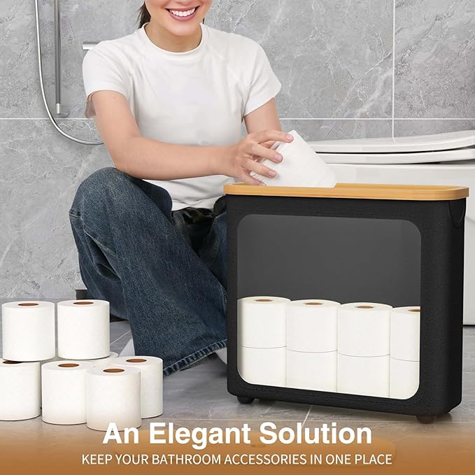 Toilet Paper Storage with Bamboo Lid,Foldable Basket Organizer for Bathroom, Holds 9 Mega/12 Regular Rolls, Waterproof Toilet Paper Holder Storage with Non-Slip Base,Black