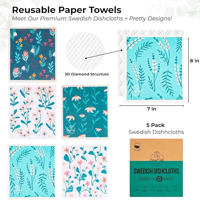 Harps&Seb Swedish Dishcloths for Kitchen Dish Towels - 5 Pack, Non-Scratch Reusable Paper Towels, Super Absorbent Washable Swedish Dish Cloths, No Odor, Biodegradable, Flower Designs