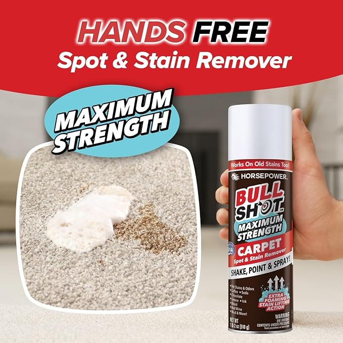 Horsepower Bull Shot MAX Strength Carpet Spot & Stain Remover, AS-SEEN-ON-TV, Made In US, Just Point & Spray, Stain-Lifting Foam Action, Pet Stains & Odors, Coffee, Wine, New & Old Stains & More