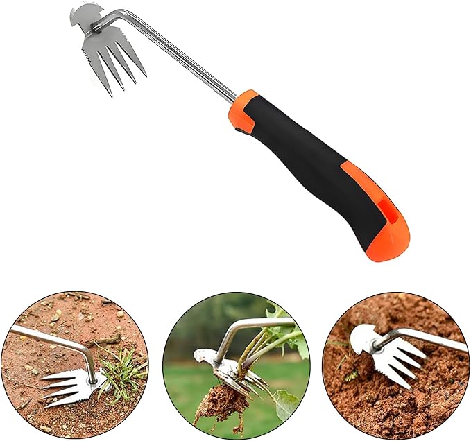 Weed Puller Tool, 3 Pack Hand Weeder Tool, Stainless Steel Dandelion Remover for Lawn Care, 4 Teeth Manual Crack Weeder for Garden, Flower Beds, Patio, L-Shaped Weeding Tool with Ergonomic Handle