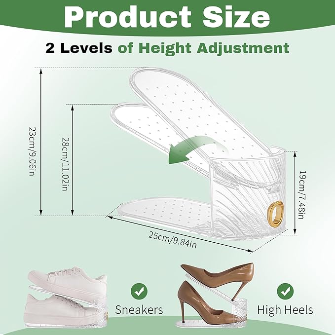 Shoe Slot Organizer 10 Pack - Shoe Slots，Can Save 50% of Shoe Stackers Space，Adjustable Shoe Stacking Device, Double-Layer Design for Shoe Slots Organizer for Closet. (Clear, 10 Pack)