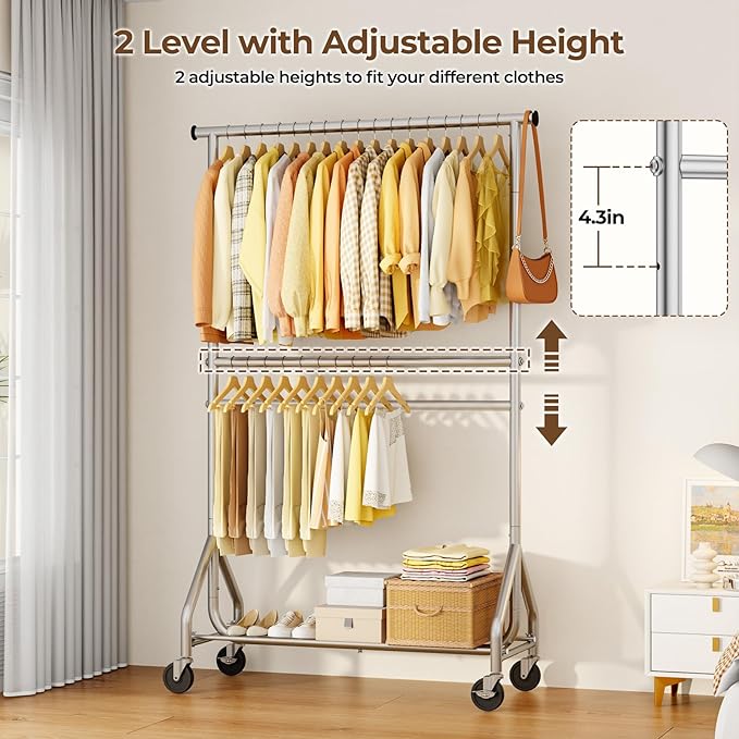 HYSEYY Heavy Duty Clothes Rack, Double Rod Clothing Rack for Hanging Clothes, Rolling Garment Rack, Adjustable Freestanding Wardrobe Closet Coat Rack for Bedroom Laundry Living Room, Silver