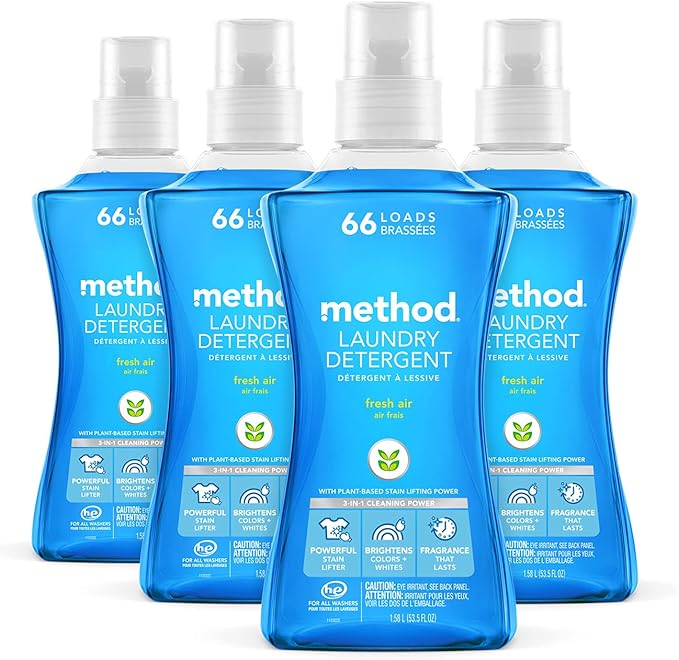 Method Liquid Laundry Detergent, Fresh Air, 66 Loads Per Bottle, Stain Remover, 53.5 Fl Oz (Pack of 4)