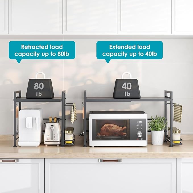 DOLALIKE Microwave Oven Rack, Expandable Microwave Stand Kitchen Countertop Organizer Utensils Storage, Carbon Steel Over Microwave Shelf with 3 Hooks (Black, 2 Tier- With Storage)
