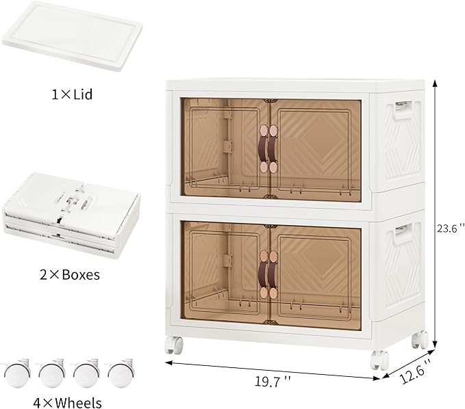 Storage Bins with Lids and Wheels, 90QT-45QT*2Tier Collapsible Bathroom Storage Cabinet with Clear Doors, Plastic Stackable Closet Organizers and Containers White