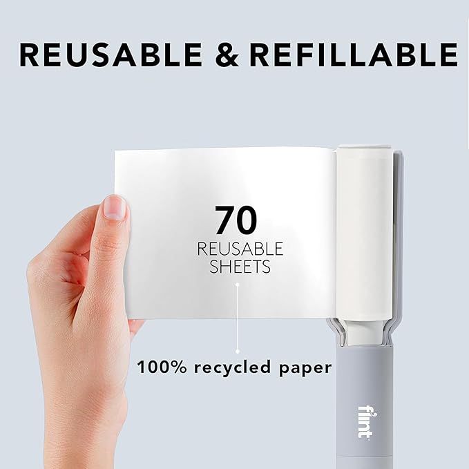 Flint Plus Retractable Lint Remover & Pet Hair Roller for Clothes – Refillable & Reusable Lint Roller with 70 Extra Sticky Tear-Off Sheets – Value Pack, Light Grey