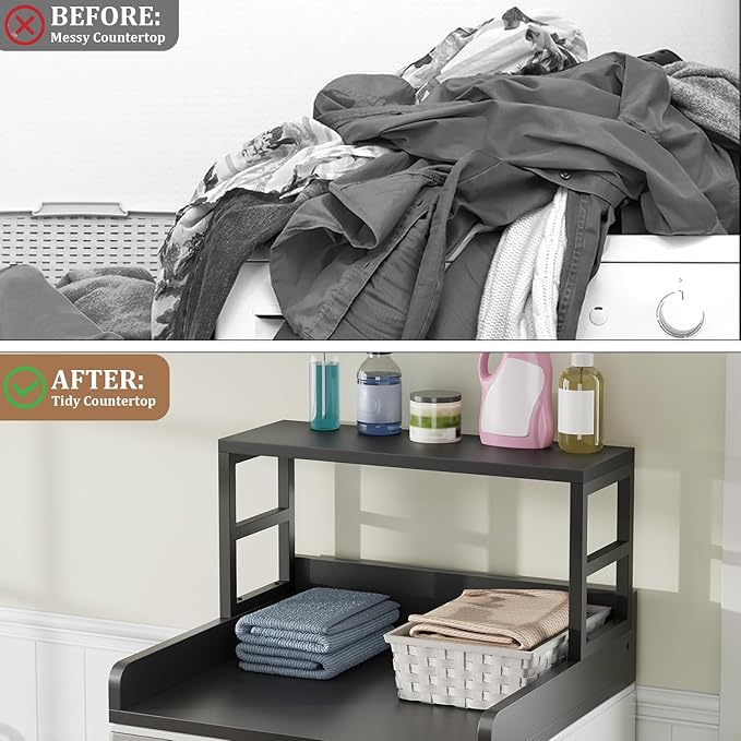 Washer Dryer Countertop with Shelf, 27.5″D x 27.5″W x 16.7″H, Countertop for Washer and Dryer Top with Non-Slip Pads and Edge Rails, Laundry Room Storage and Organization(Black)