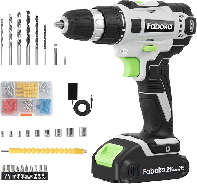 21V Cordless Drill Set, Power Drills Kit with 2.0Ah Battery and Charger, Electric Driver/Drill Bits, Max Torque 40Nm, 3/8-Inch Keyless Chuck, Variable Speed, LED Light, for DIY Home Repair