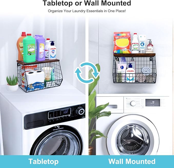 MSJGA Laundry Room Shelves Wall Mounted with Storage Basket - Stackable Wire Wall Shelves Organizer for Towels, Detergent, Tissues | Space-Saving Over Washer & Dryer, Small Spaces(11.8"Wx7.9"Dx8.5"H)