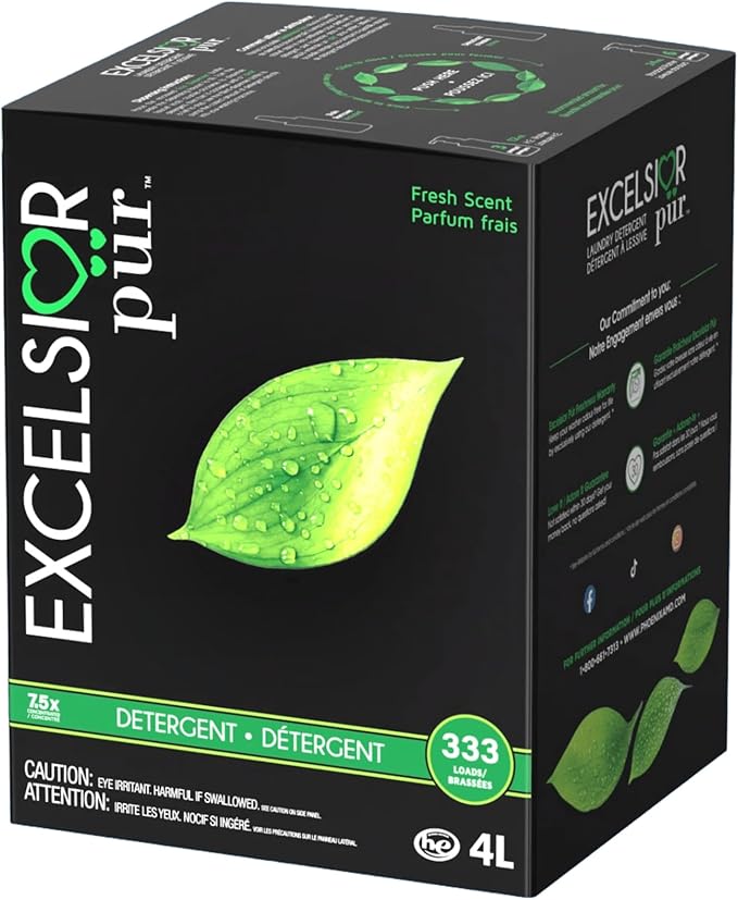 Excelsior Pür | 7.5x Ultra-Concentrated HE Liquid Laundry Detergent + Stain Remover Kit, 4L / 333 Loads, Fresh Scent, Eco-Dispenser Pump Bottle, Odor Control