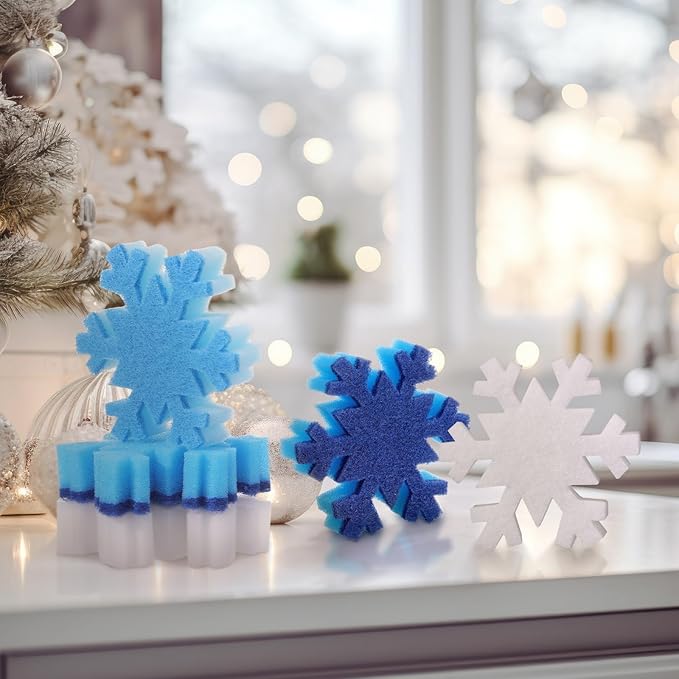 Tioncy 12 Pack Christmas Snowflake Sponges Bulk White Blue Dual Sided Scrubber Christmas Kitchen Sponges Dishwashing Non Scratch for Kitchen Accessories Dish Scouring