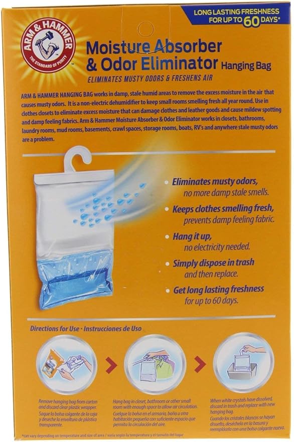 Arm & Hammer Moisture Absorber & Odor Eliminator 16oz Hanging Bag, 4 Pack (8 Bags Total) Eliminates Musty Odors & Freshens Air for Closets, Laundry Rooms, Mud Rooms