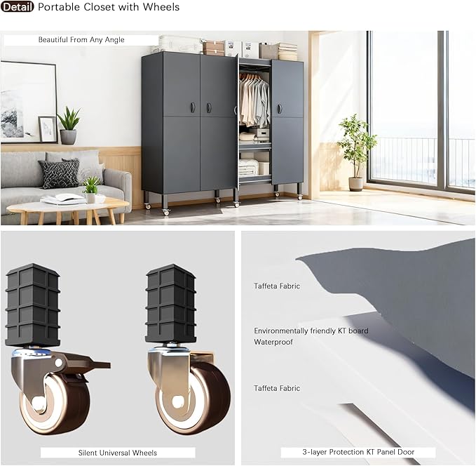 Foldable Portable Armoire Wardrobe Closet for Hanging Clothes Rack, Heavy Duty Covered Clothes Rack with Cover(HARDBOARD Magnetic), Closet Garment Rack for Bedroom Storage (KT-Grey, 70.86in)